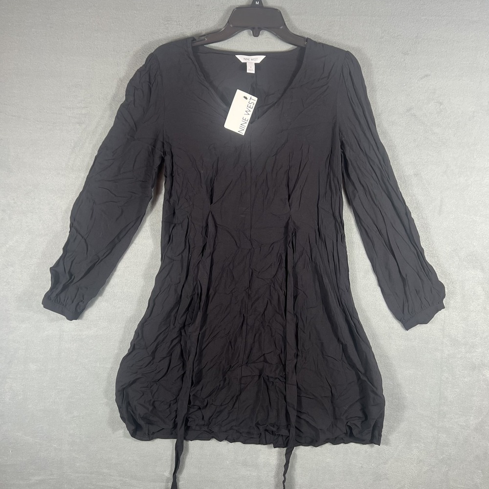 NINE‎ WEST Women's Black Rayon V-Neck Long Sleeve Mini Dress Size S NWT